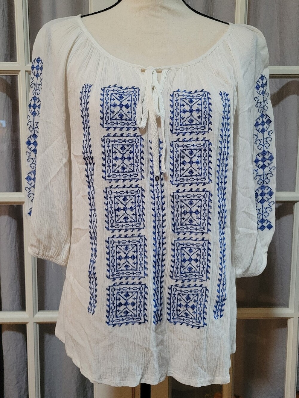 Solitaire White Tunic with Blue Geometric Embroidery